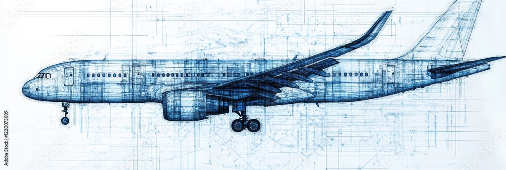Poster technical blueprints illustrating the design and structural layout of an airplane in detailed schema