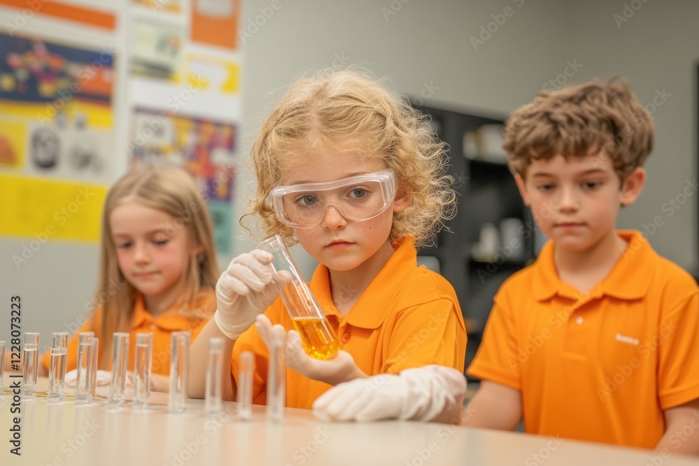 Poster colorful stem classroom experiment curious children with test tubes and goggles - engaging science e