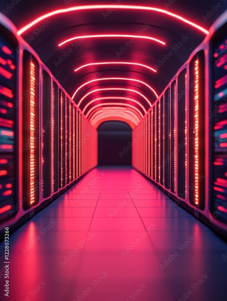 Fototapete Neon-Cyber Tunnel Encoded Digital Aisle with Pulsating Lights and Data Streams - Cybersecurity Visualization for Tech Firm Resilience and Business Continuity