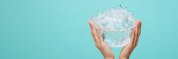 Minimalist Eco Aesthetic Human Hands Cradling Water Sphere on Aqua - Sustainable Resource Engagement and Environmental Awareness Content for Corporate Initiatives