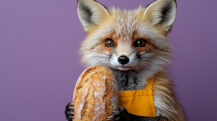 Fox Wearing a Yellow Apron Holds Freshly Baked Bread Against a Colorful Background