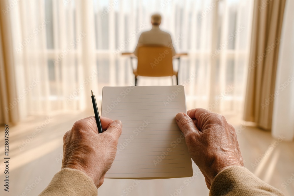 Poster scandinavian minimalism in therapy therapists hands with notebook and pen in calming workspace - emo