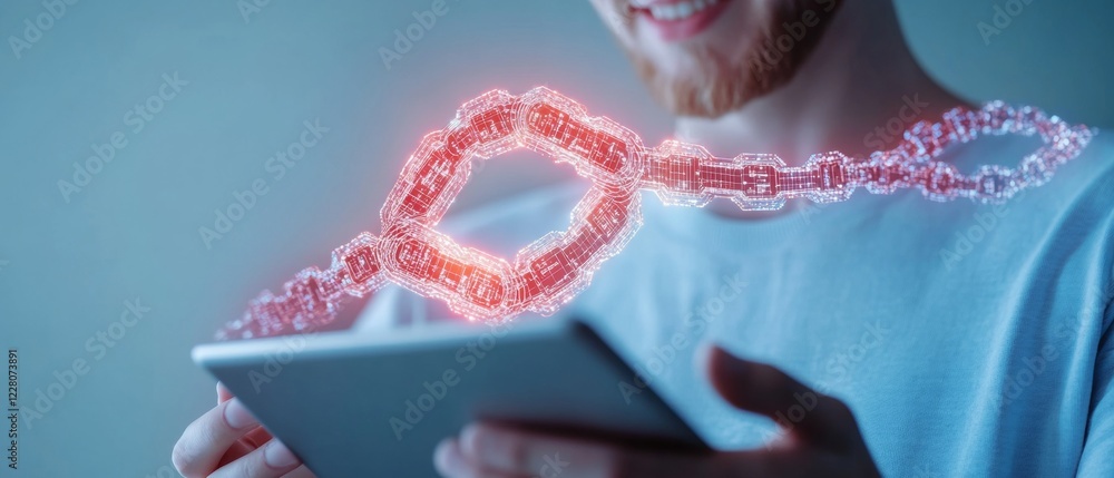 Poster casual fintech engagement young man exploring nft gallery on tablet with digital blockchain effect -