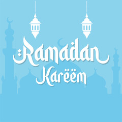 Obraz premium Ramadan Kareem Vector Design with Mosque, Hanging Lamps and Moon | Islamic Festival Art