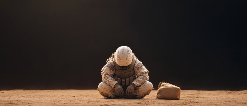 Retro-Futuristic Military Aesthetic Detailed Spacesuit-Clad Solider Resting with Gear on Sand - Immersive Storytelling and Cinematic Design for Sci-Fi Media Productions