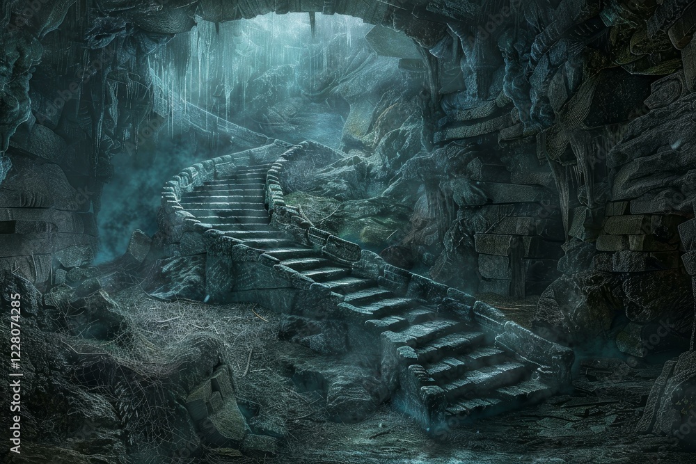 Poster stone staircase ascending towards a mysterious light source in a dark, atmospheric cave, creating a 