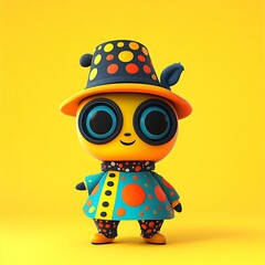 Whimsical Character With Hat And Polka Dots In A Vibrant Yellow Background