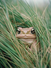 Frog camouflaged in tall grass, blending into its natural environment.