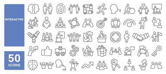 Set of 50 line icons related to interactive, helpful, workshop, communicative, powerful, donation, social, friendly, respect, volunteer, handshake, Editable stroke. Vector illustration