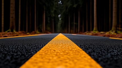 Road to Destination: An asphalt road stretches endlessly into a dark, verdant forest, marked by a bright yellow centerline, inviting exploration and adventure.