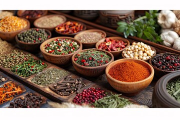 Fototapeta premium A vibrant array of spices and herbs fills wooden bowls on a market stall. Various colors and textures showcase a rich selection, attracting visitors with enticing aromas and flavors