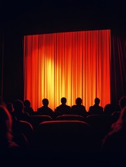 Illuminated Stage Curtain Theater Audience - Silhouetted audience, red curtain, stage lights, cinematic experience, theatrical performance.