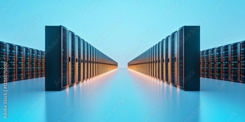 Poster Hyper-Modern Data Center Aesthetic Sleek Server Rack Network with Organized Cabling and Cooling - Cutting-Edge IT Infrastructure for Business Innovation and Digital Transformation