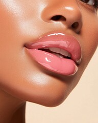 Obraz premium Glossy Pink Lip Focus Contemporary Beauty Close-Up of Black Woman, 25 - Perfect for Skincare Promotion and Digital Brand Styling with Natural Radiance