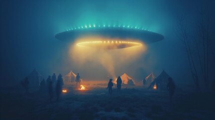A UFO flying saucer with pulsating lights hovered _009