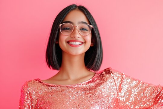 Glittery Sequin Teen Fashion Petite Indian Girl in Sparkling Dress against Pink Backdrop - Empowering Youth Content and Inclusive Retail Marketing