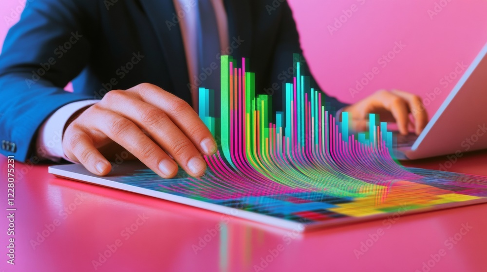 Poster Vibrant Digital Workspace Business Professional Using Colorful Data Visualization Graph on Laptop - Cutting-Edge Analytics for Modern Remote Productivity and Tech-Driven Insights