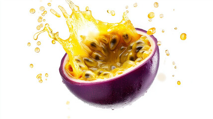 Ripe passion fruit splitting mid-air with bright yellow seeds and juice bursting outward on white background. High-resolution tropical fruit for drink and dessert marketing.
