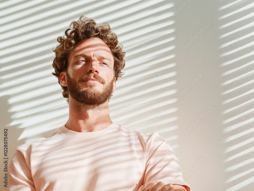 Aufkleber warm minimalist home automation caucasian man using smart speaker to control natural light through m