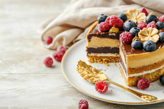 a traditional dobos torte slice, layered presentation