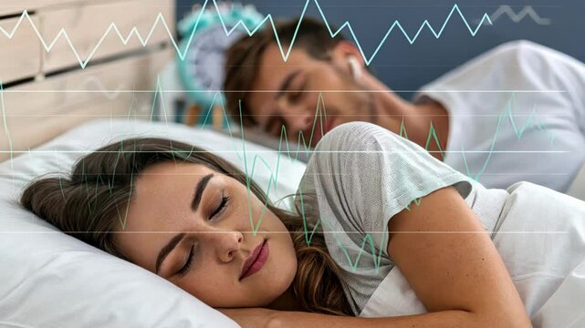 Closeup of a peaceful sleeping person contrasted with someone awake struggling in bed. A visual meter indicating fluctuating sugar levels tied to sleepless nights.