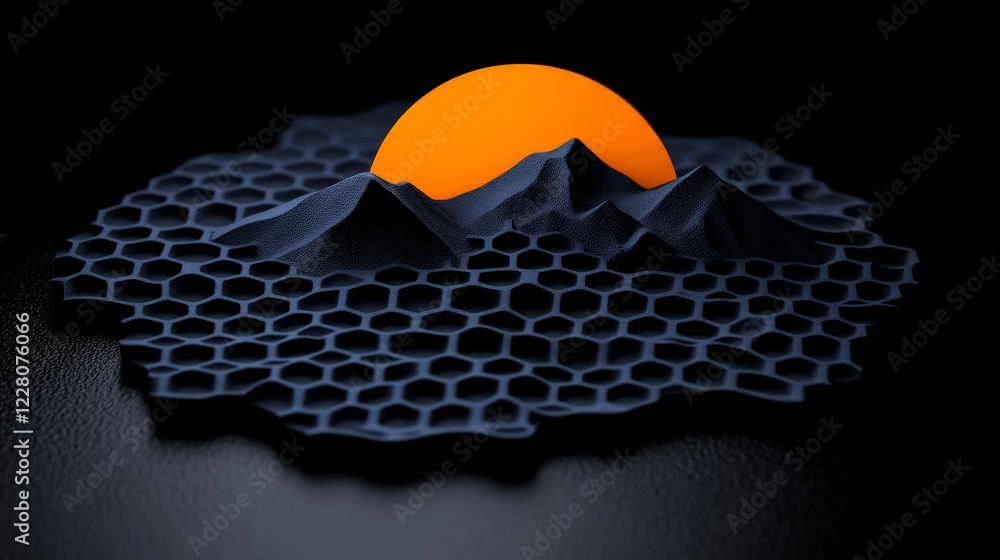 Poster abstract hexagonal landscape: a striking digital rendering depicts an abstract landscape composed of