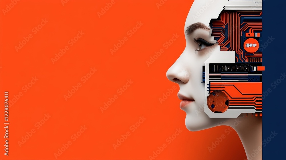 Poster ai enhanced human: a conceptual depiction of a person with futuristic technology merged within the f