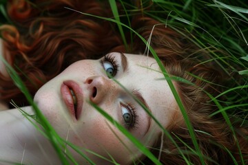 Close up of beautiful young woman with red hair, freckles, and green eyes lying peacefully in green grass