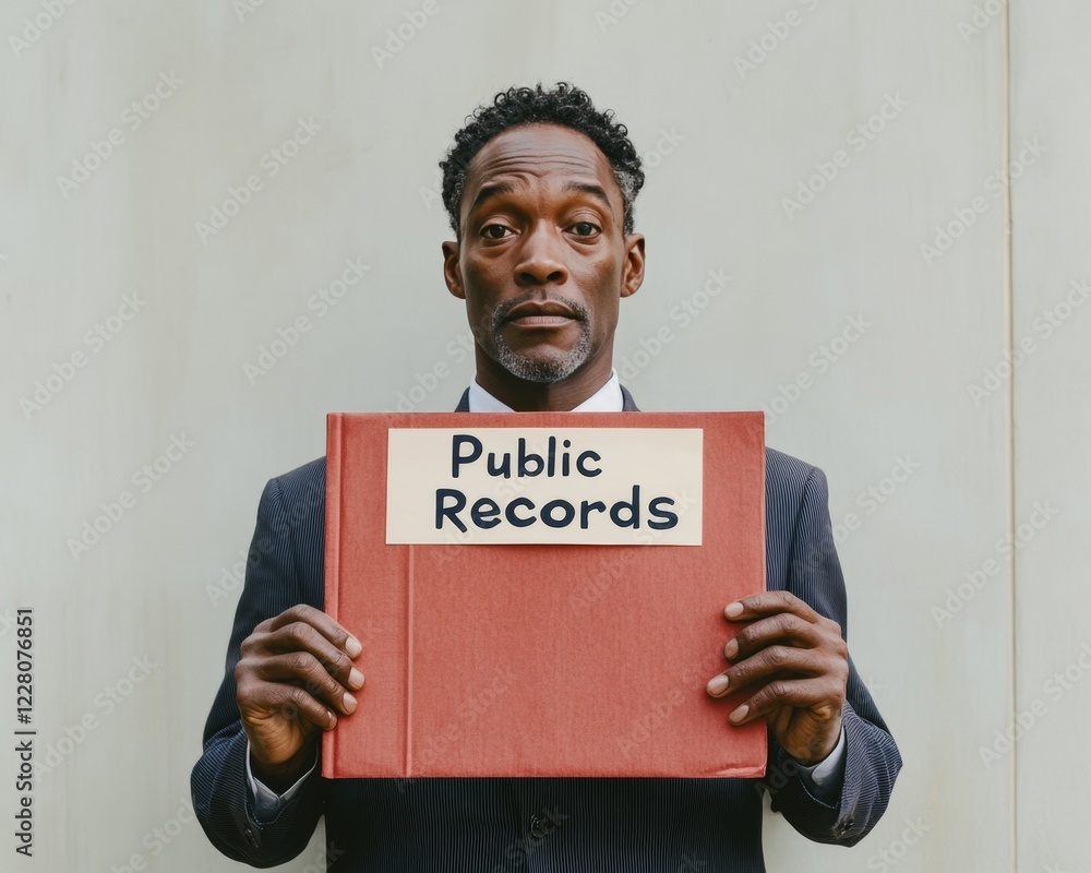 Aufkleber Minimalist Business Setting Black Professional in Suit with Public Records Folder - Data Transparency and Open Government for Modern Workspaces