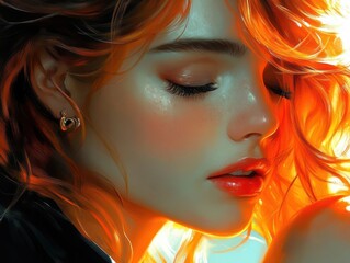 Fototapeta premium A mesmerizing illustration of a serene woman with flowing blonde hair, gently holding a glowing orange flower close to her face, radiating warmth and tranquility, generative AI.