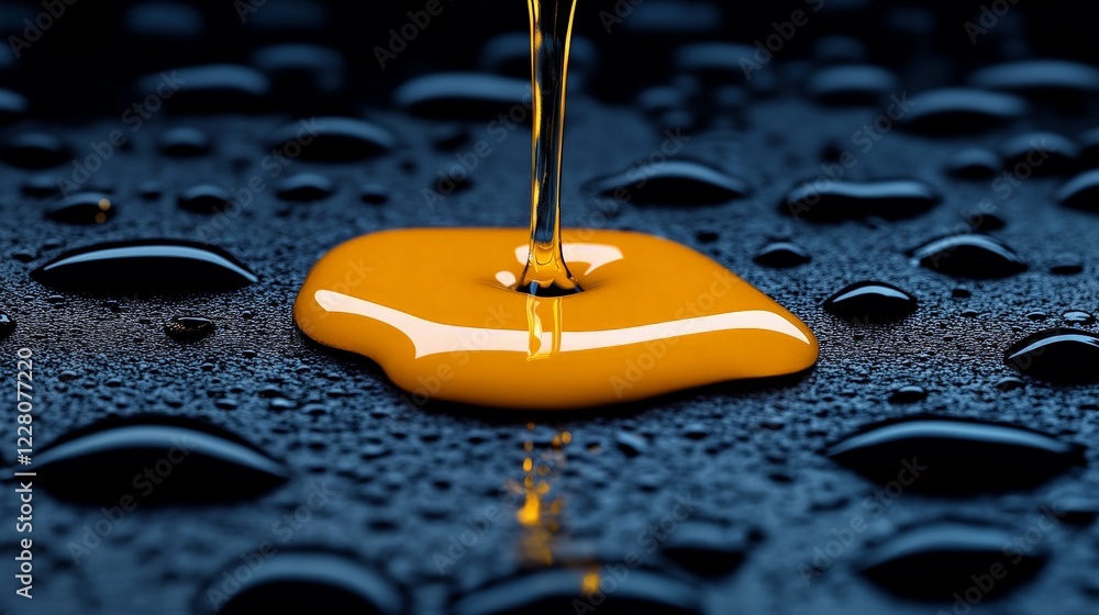 Poster golden flow: a mesmerizing close-up of golden liquid pouring onto a textured, wet surface creating a