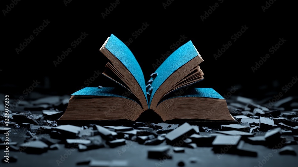 Poster literary deconstruction: an open book with striking blue pages rests amidst scattered shards of brok