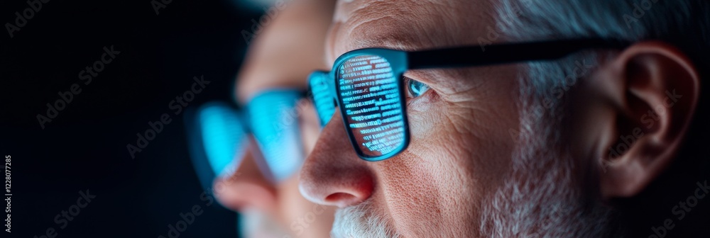 Poster Futuristic Developer Glasses Tech-Savvy Senior Male with Code Reflections - Cutting-Edge Visual for Remote Agile Workflow Tools in Software Innovations and Digital Solutions