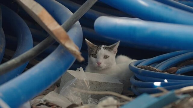 White cat with gray spots seeking shelter among in a junkyard. Abandonment, stray animals, the need for adoption or care. Sad cat needs an owner. Concept of a shelter for homeless pets, volunteer work