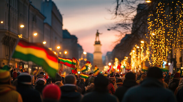 Vibrant Celebrations with Flags and Evening Lights in City