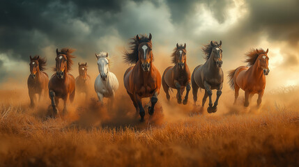 A herd of wild horses galloping across a wide, open plain under stormy skies, showcasing the power, freedom, and raw energy of untamed nature