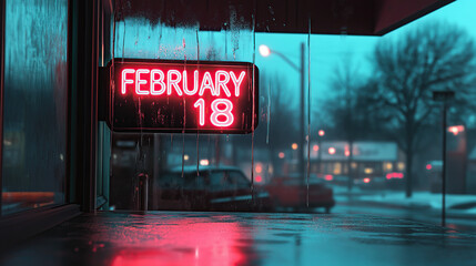 Neon FEBRUARY 18 Sign in Foggy Urban Nightscape