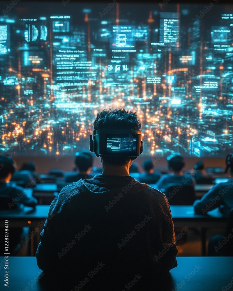 Fototapete Immersive Tech Lecture Experience AI-Guided AR in Glass and Metal Lecture Hall Innovative Educational Solutions for Future-Ready STEM Learning