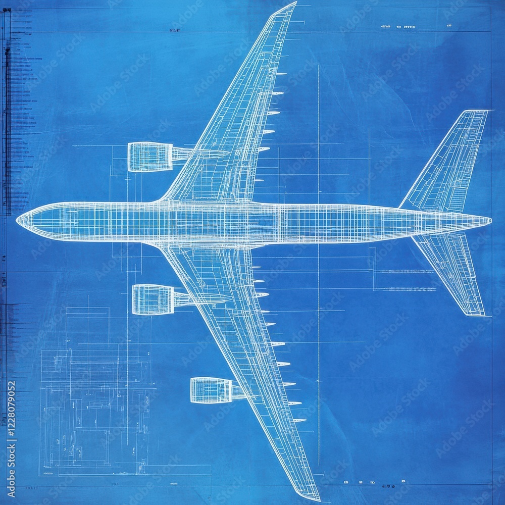 Poster blueprints illustrate the detailed design and engineering of an airplane with precise measurements a