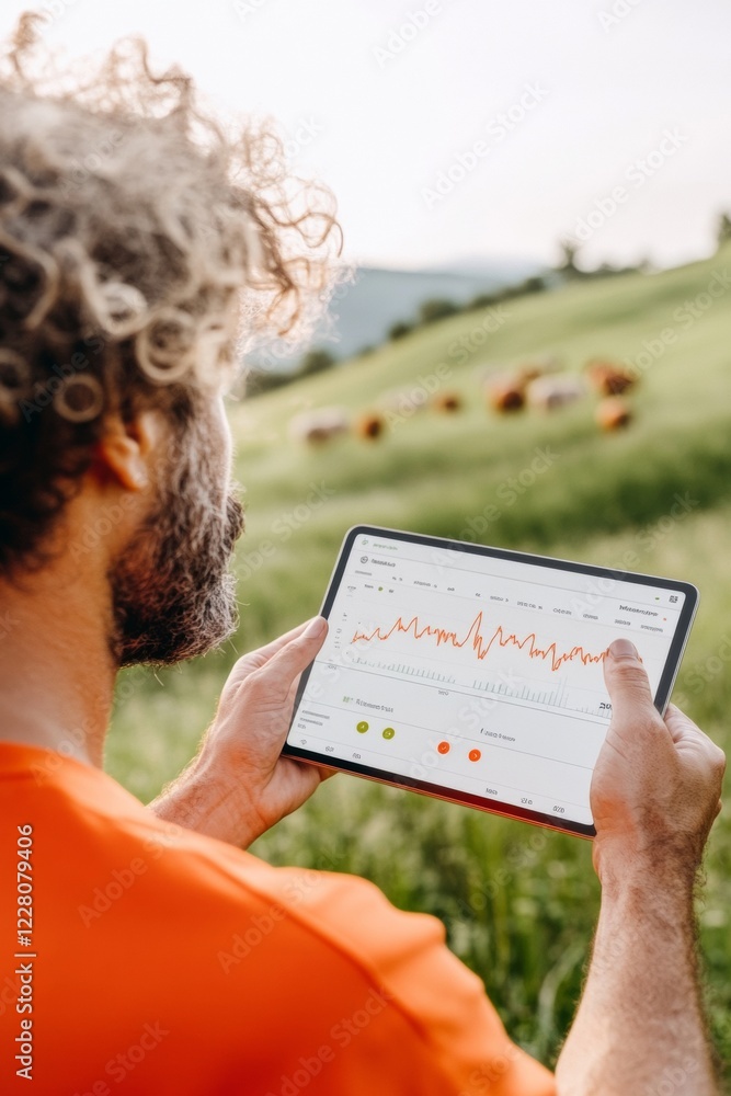 Poster rural tech insight smart livestock management on tablet - digital farm analytics with data-driven he