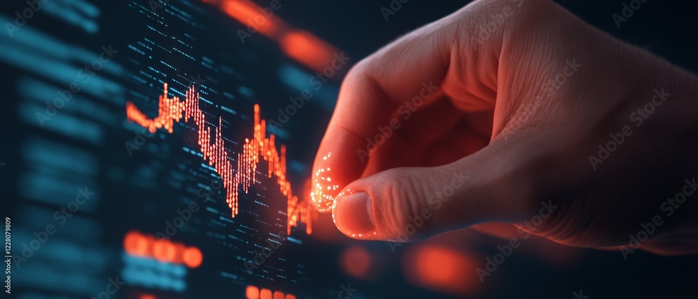 Poster futuristic data interaction hand gesturing digital interfaces on neon glass - business intelligence 
