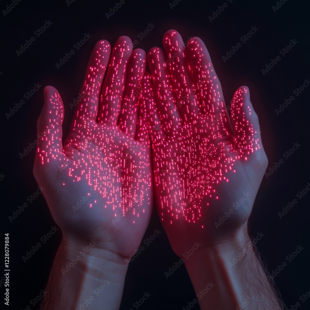 Leinwandbilder Futuristic Data Visualization Holographic Binary Patterns on Hands - Cutting-Edge Technology for Cybersecurity Solutions and Digital Privacy Enhancements