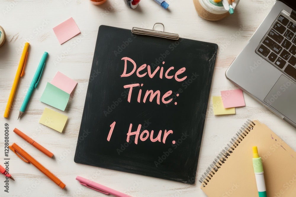 Poster Minimalist Workspace Declutter Chalkboard Timer and Stationery on Wooden Desk - Boost Productivity and Organization in Creative Offices and Home Workspaces