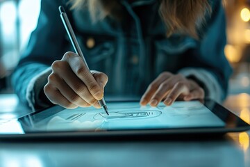 A person uses a stylus to sketch a design on a tablet, showcasing digital drawing and creative...