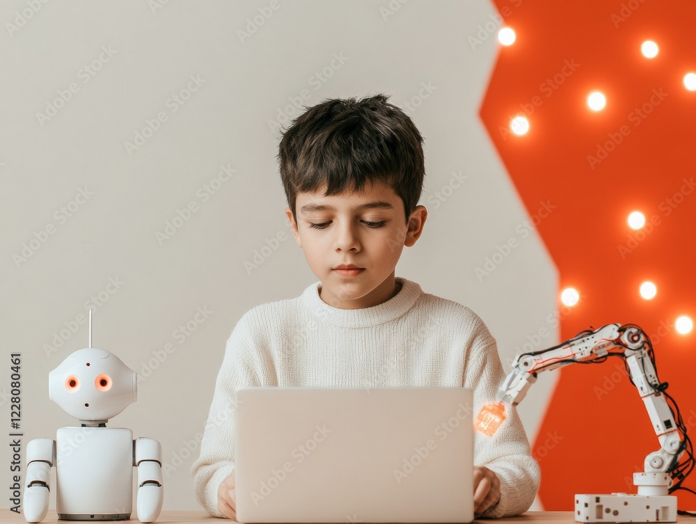 Poster modern stem workspace tech-savvy indian teen with robotic arm kit and laptop - empowering digital sk