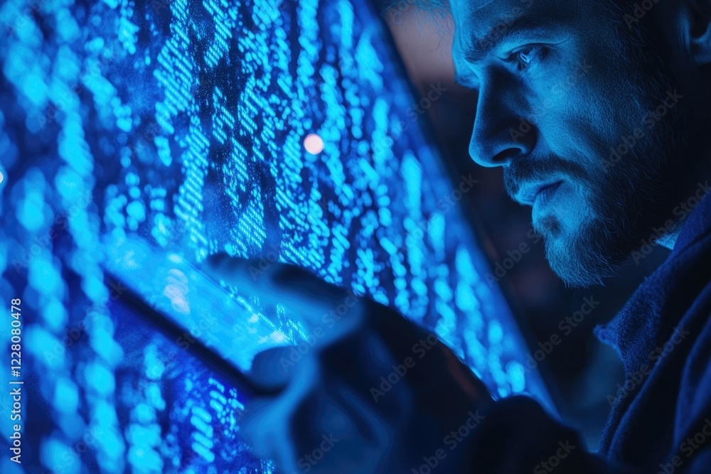 Aufkleber a man intently studies a large screen displaying blue digital data, seemingly engrossed in complex i