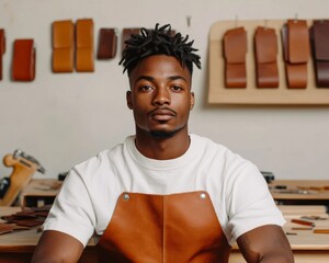 Rustic Leather Crafting Studio Young Artisan at Work with Warm Lighting and Textured Shelving - Urban Lifestyle and Maker Creativity in Modern Home Workshops