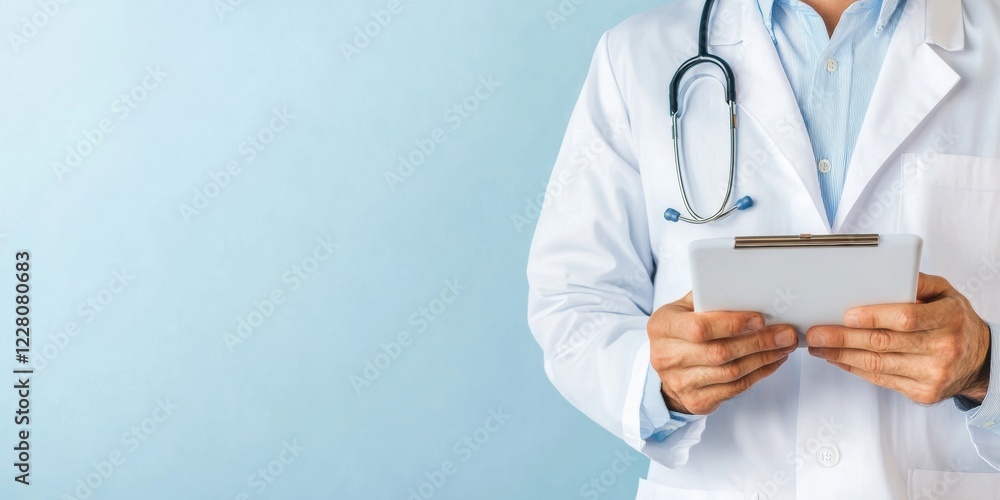 Leinwandbilder Minimalist Medical Technology Male Lab Technician with Digital Tablet in High-Tech Lab - Advanced Diagnostic Innovation for Healthcare Efficiency and Data-Driven Analysis