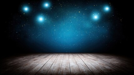 abstract background with Dark blue and gold particle, Starry Night Sky With Bright Blue Lights Over Wooden Floor In Dimly