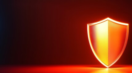 Illuminated Shield of Protection - Glowing metallic shield on dark red background, symbolizing security, safety, and protection.